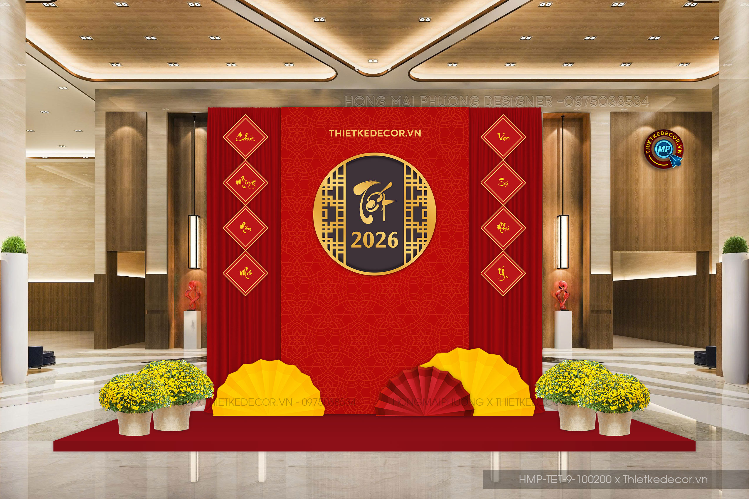 File thiết kế trang trí Tết 2026 Xuân Bính Ngọ. Backdrop checkin Tết.